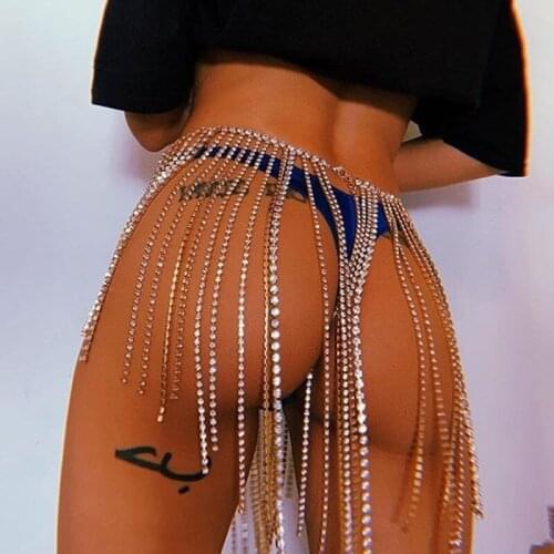 Luxury full rhinestone long fringed waist chain skirt fashion erotic woman sexy big ass body chain prom dancing thong jewelry