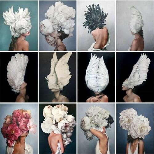 GATYZTORY Frame Flower Feather Woman DIY Painting By Numbers HandPainted Figure Oil Painting Home Decor Canvas Colouring