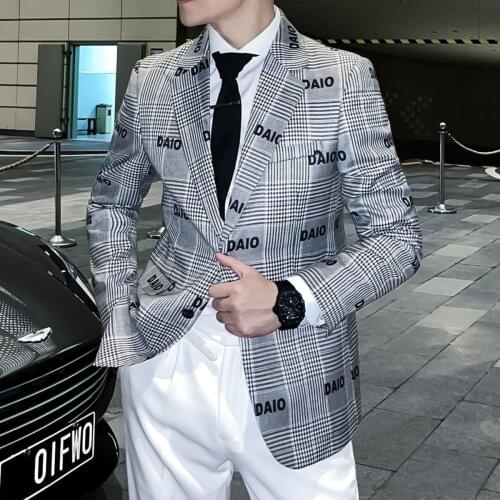 Italian Blazer Hombre Letter Print Blazer Men 2021 Fall Lattice Men Blazer Jacket Slim Fit Party Prom Club Pattern Blazer Homme