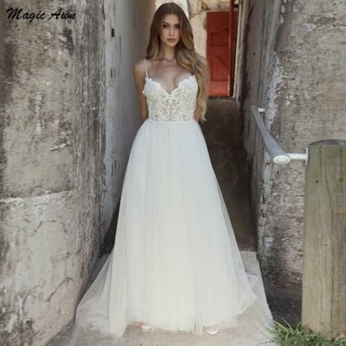 Magic Awn Chic Lace Tulle Boho Wedding Dresses Appliques Spaghetti Straps Open Back Simple Beach A-Line Mariage Gowns Robes