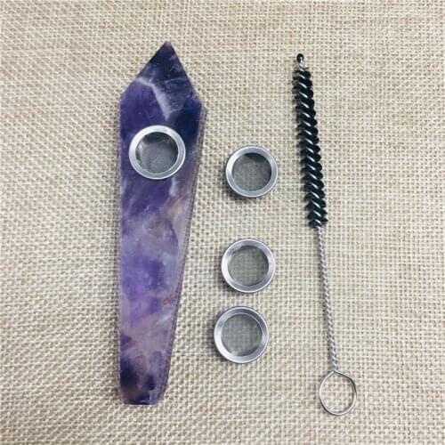 Natural Dream Amethyst Quartz Crystal Smoking Pipe Rock Cigarette Holder Purple + 3 filter + 1pc brush