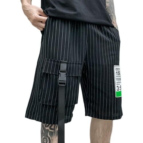 New Summer Mens Striped Ribbons Multi-Pockets Shorts Hip Hop Casual Male Punk Casual Knee Length Shorts SweatPants Streetwear