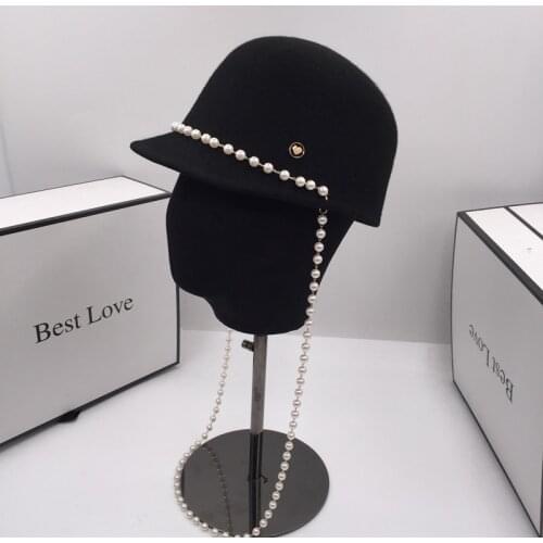 About new winter wool black womens cap of pearls British homburg socialite retro black female baseball hat visors