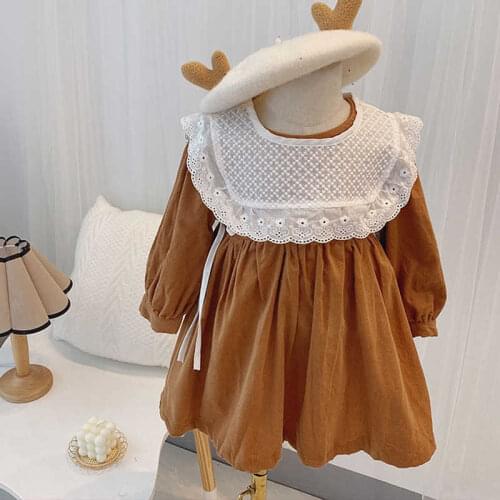 Girls' Dresses 2021 Autumn New Style Children Baby Kids Clothing Korean Japanese Style Loose Lace Lapel Girl Fashionable Dress