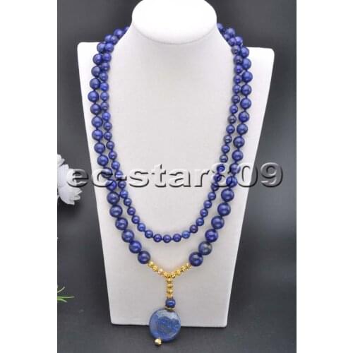S2137 2Row 22" Blue lapis lazuli Round Bead Necklace Pendant