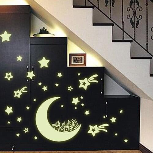 Moon Star Fluorescence Noctilucent Night Glow in Dark Luminous Vinyl Removable Nursery Kids Child Bedroom Wall Stickers Decal