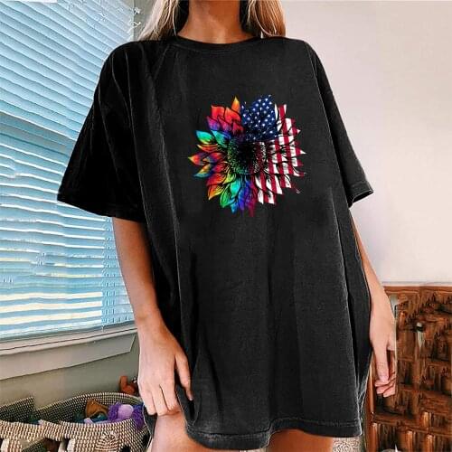 Fashion Drop Shoulder Women T Shirt American Flag Flower Print Women Femme T-shirt Half Sleeve Summer Tops Clothes for Women