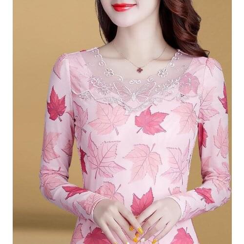 Spring Autumn Style Women Lace Blouses Shirts Lady Casual Long Sleeve O-Neck Leaf Printed Pink Colour Lace Blusas Tops DD8977