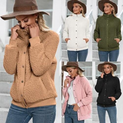 2021 Elegant Casual Spring Autumn Women Knitted Lamb Like Fabric Jackets Coats Solid Turtleneck Single Breasted Loose Outerwear