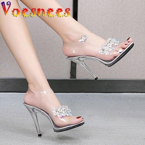Women Sandals 2021 New Summer Sexy Transparent Jelly Crystal High Heels Shiny Sequins Model Show Shoes Stiletto Career Sandals