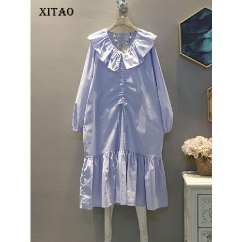 XITAO Korean Style Women Dress Spring 2020 New Lotus Leaf Collar Long Sleeve Plus Size Drawstring Mid Length Dresses XJ4264