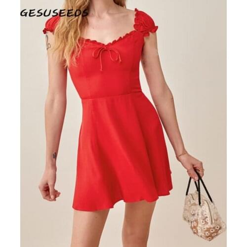 Short sleeve mini dress summer elegant party dresses women 2021 vintage A line dress solid square neck chiffon dresses red