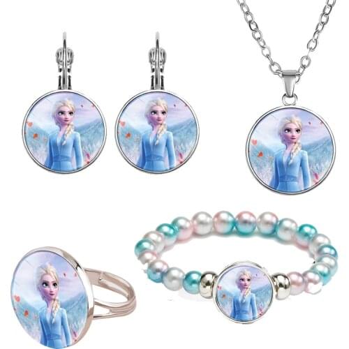 4pcs Disney Frozen 2 Aishana Birthday Wish Gift Alloy Glass Child Girl Ring Necklace Bracelet Earring Party Gift Gift Jewelry