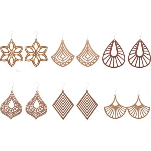 6 Pairs Good Quality Wood Earrings Organic brown Hollow African Woman Wooden Brincos