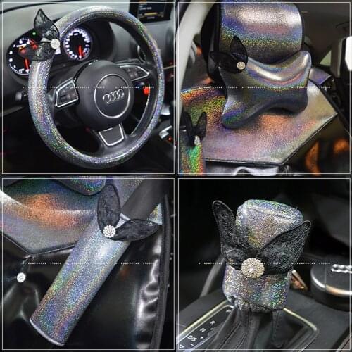 Blingbling Gradient Cloth For Car interior Steering Cover Rearview Mirror Cover Seat Belts Padding Car Headrest Handbrake Grips