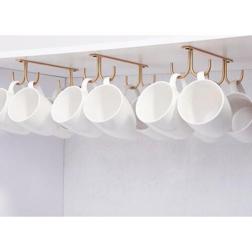 D2 Mug Rack Under Cabinet - Coffee Cup Holder 12 Mugs Hooks Under Shelf, Display Hanging Cups Drying Hook for Bar Kitchen Gold