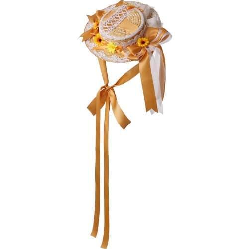 Lolita Girls Straw Hat with Yellow Floral Aternoon Tea Pastoral Cap Women Hat