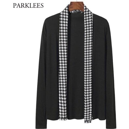 Mens Houndstooth Cardigan Sweater 2020 Colorblock Contrast Shawl Collar Knitted Sweaters Men Casual Slim Fit Cardigans