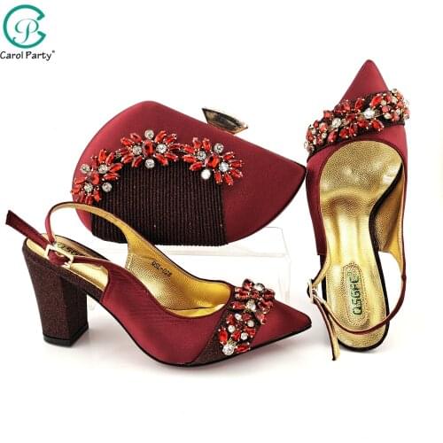 Italian Design 2021 New Arrival Fashion Special Colorful Crystal Style Nigerian Women Shoes and Bag Set in Wine Color for Party