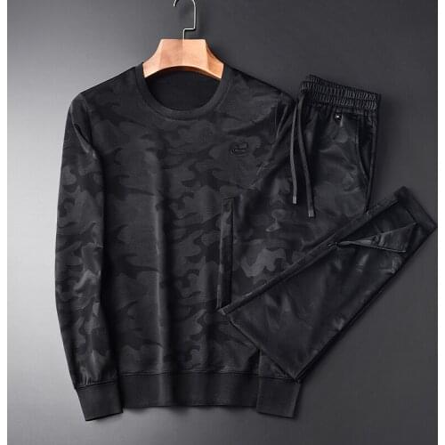 Classic Spring Autumn Men Fleece Camouflage Sweatshirts Round Collar Fleece Hoodies (hoodies+pants) Elastic Waistbands Pants 4XL