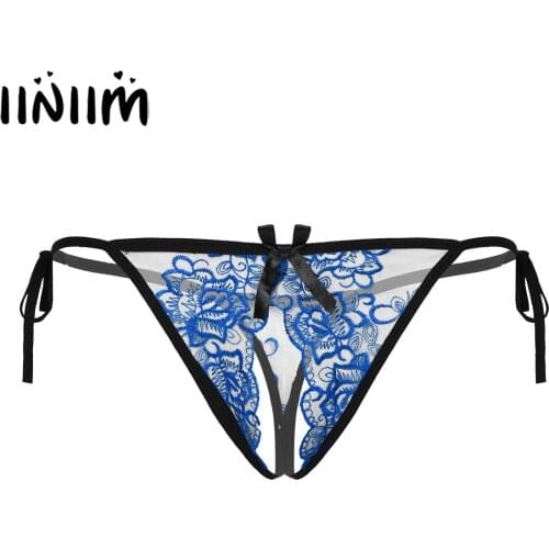 Mens Gay See-through Embroidery Crotchless Briefs Sissy Panties Low Waist Lace-up T-back G-string Thong Underwear Underpants