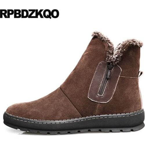 Genuine Leather Black Zipper Snow Casual Booties High Top Fur Shoes Short Brown Ankle Snowboot Suede Mens Winter Boots Warm Flat