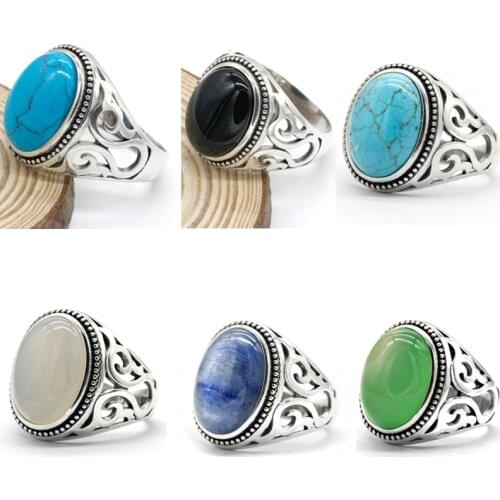 New retro hollow hot sale 925 sterling silver mens ring kyanite turquoise agate stone mens punk ring high jewelry