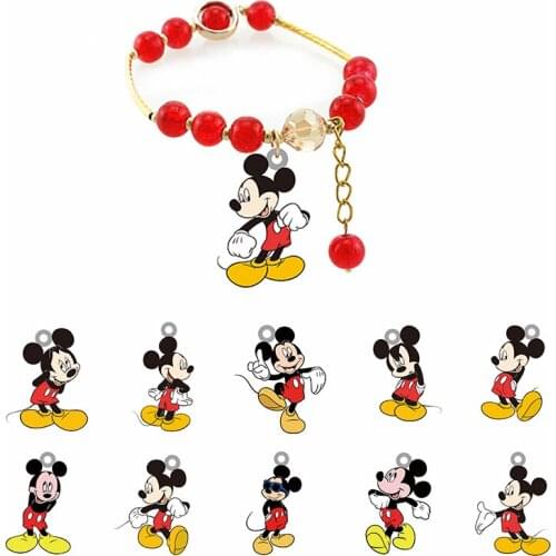 Disney Mickey Cute And Funny Pendant Cartoon Red Bead Rope Chain New Fashion Epoxy Resin Adjustable Bracelet