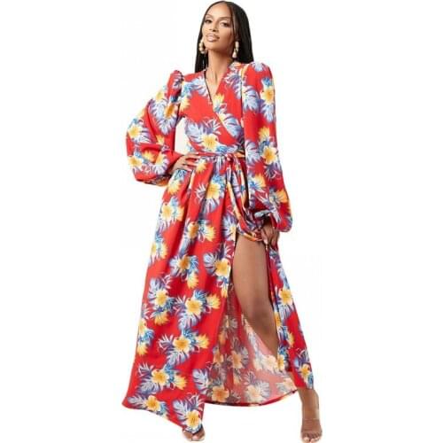African Dresses Women Sexy Side Split Floral Print Long Dress Dashiki Robe Clothes Africaine Femme Vestidos Red Yellow Gowns