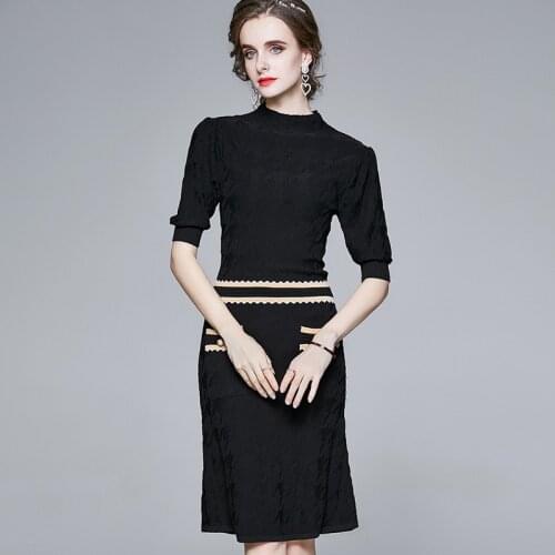 2021 Autumn Winter Womens Dress French Commuter Stand Collar Stitched Half-sleeve Knitted Dress New Female Waist Dresses X728
