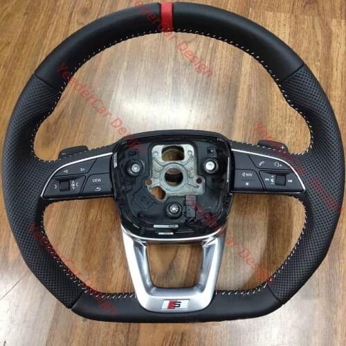 Half Perforated Leather Steering Wheel Flat Bottom with Buttons for Audi A4 Q5L Q7 Q8 2017-2021 Paddle shifter