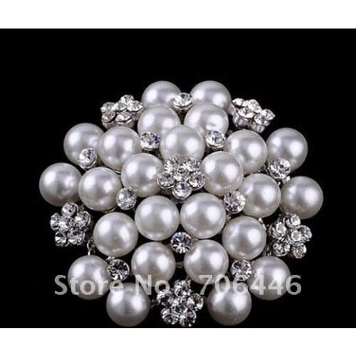 Silver Plated Rhinestone Crystal and White Pearl Bridal Brooch