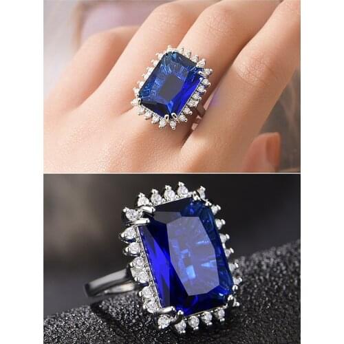 Luxury Square Blue Crystal Bague Fine Jewelry Sapphire Gemstones Zircon Diamonds Rings for Women White Gold Silver Color Bijoux