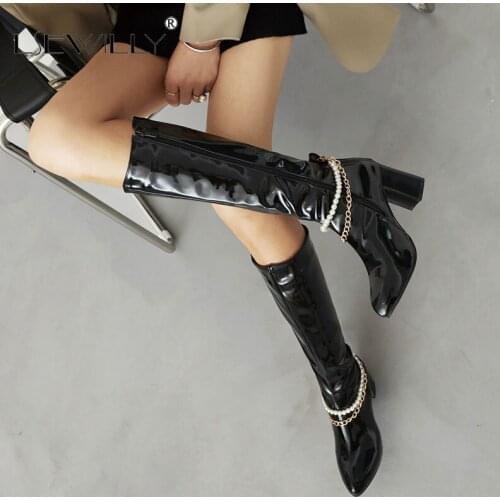 Lsewilly Knee High Boots With Shiny Patent Leather And Metal Chain Chunky Heel Short Plush Lining Candy-Colored Long Boots