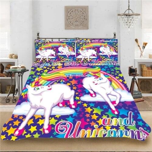 Modern Fantasy Unicorn Bedding Set King Queen Size Home Textile Rainbow Horse Down Bedcover Pillowcase