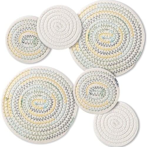 Quality 6 Pcs Potholders Trivet Coaster Set,4.3 & 7 Inch Cotton Weave Round Pads for Kitchen Hot Pot Cup Dishes,White & Colorful
