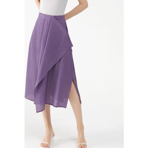 Miyake pleated High Waist woman Skirt 2021 Summer New Style Irregular Side Split Fashion Thin Mid-length solid Skirts for woman