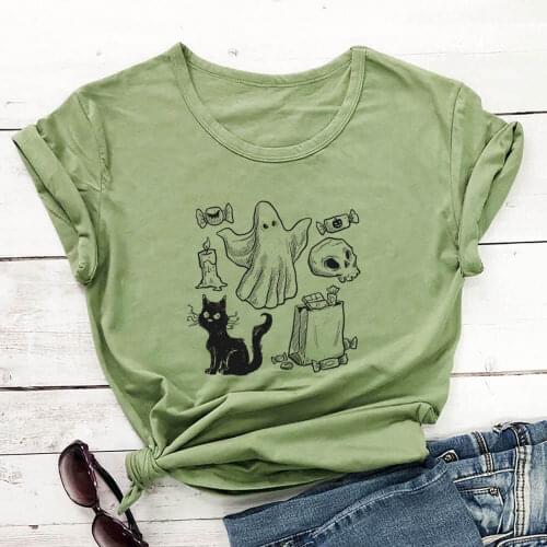Halloween Ghost Cat Print 100%Cotton Women Tshirt Unisex Funny Summer Casual Short Sleeve Top Halloween Party Shirt Gift Shirts