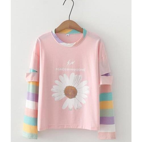 Flower Print Kawaii Cute Graphic Tee Women Tshirt Pink Striped Oversized T Shirt Harajuku Casual Summer Tops