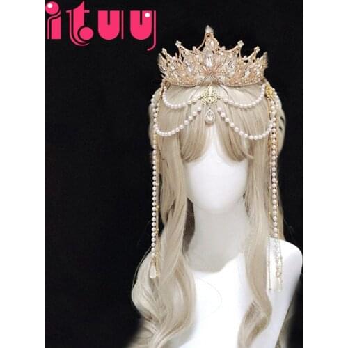 Gold Crown Gothic Headdress Gorgeous Chain Pearl Pendant Lolita Queen Crown Crystal Dance Headpiece Wedding Bride Headband Gift