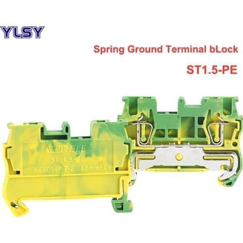 1Pcs Spring Ground Terminal Blocks ST1.5-PE Din Rail Yellow Green Earthing Terminals Block Wire Cable Connector Bornier 1.5mm2