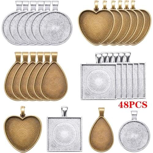 48pcs Retro DIY Heart Square Pendant Blanks Bezel Settings Tray Photo Jewelry Making Mold 4 Shape Handcraft Making Tool Supplies