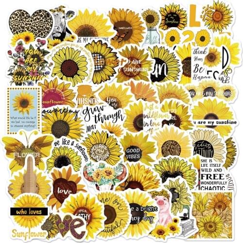 50PCS Sunflower Cartoon Beautiful Stickers Waterproof PVC Decal to DIY Scrapbook Laptop Guitar Skate Yellow Girls Toy Sticker