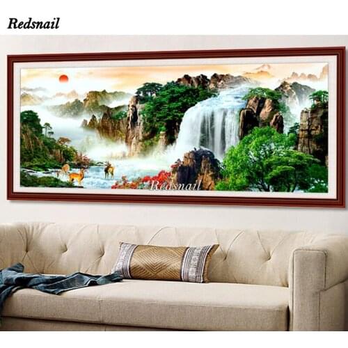 Large waterfall mountain 5D Diy Diamond Painting natural scenery Diamond Embroidery Full Drill mosaic Art sunrise Deer EE1208