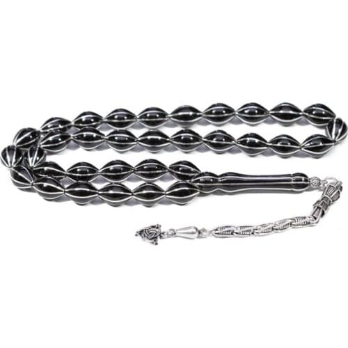 Natural Jet Stone Prayer Bead With Silver Tassel Men Rosary With Silver Inlay Islamic Tasbih 925 Sterling Silver