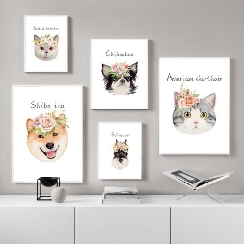 Nordic Style Nursery Decor Prints and Posters Dog Cat Canvas Painting Cute Animal Flower Picture Baby Kids Room Wall Decoration