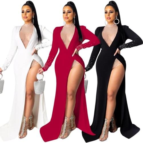 Elegant Deep V Neck High Split Dress Women Long Sleeve Diamond Maxi Dress Fashion Ladies Solid White Holiday Party Dresses