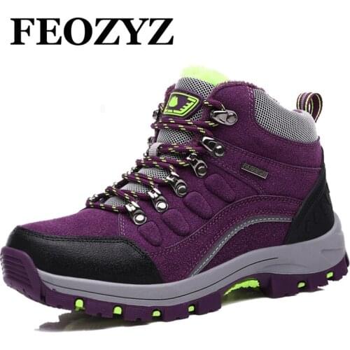 FEOZYZ Warm Winter Women Outdoor Shoes Genuine Leather Waterproof Hiking Shoes Fur High Top Hiking Boots Mountain Trekking Shoes
