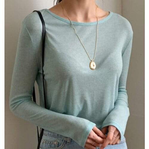 Mint Green Shirts Women Round Neck Long Sleeve T-shirt Spring Casual Thin Tops Shirt Solid Korean Clothing Khaki Plain Tshirts