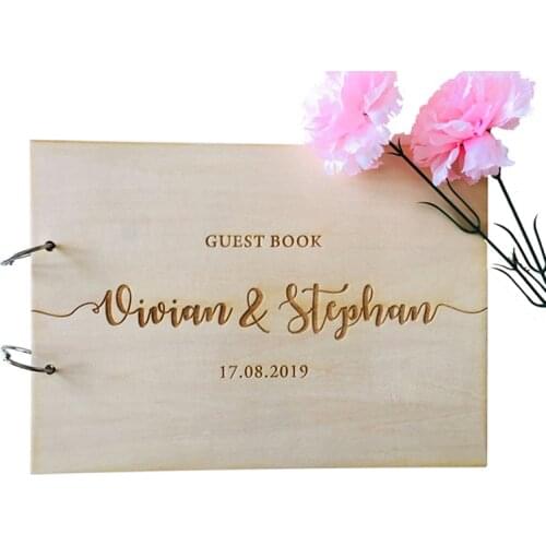 Personalized Name And Date Calligraphy Guest Book Laser Engraved Wedding Guest Book,Rustic Wooden Guestbook,Photo Album